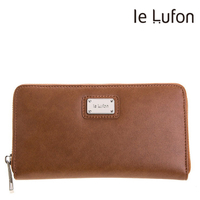【le Lufon】棕色皮革金屬名牌點飾風琴式ㄇ型拉鍊長皮夾－零錢包/長夾（橘紅色／棕／紫三色）
