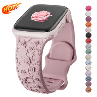 Rose Engraved Silicone Strap for Apple Watch Ultra 49mm 45 40 41mm Sport Strap Bracelet for iWatch Series 8 7 9 6 5 43 Wristband