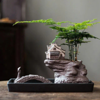 【JEN】創意微景觀陶瓷綠植花器居家裝飾桌面擺飾-不含植物(小橋流水人家)