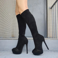 SEIIHEM Women Knee High Boots Platform Round Toe Thin High Heels Boots Handmade Black Ladies Shoes Woman Big Size 40 42 48 52