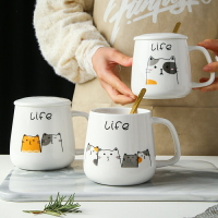 卡通陶瓷貓咪馬克杯帶蓋帶勺簡約創意可愛少女咖啡牛奶燕麥早餐杯