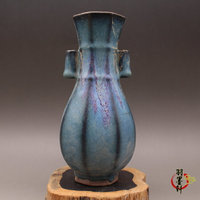 宋鈞窯 窯變藍釉一點紅 貫耳尊 方花瓶 古董古玩仿古陶瓷器收藏