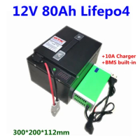 GTK 12V 80Ah LiFepo4 battery pack with 4S BMS for motorhome campers RV EV UPS solar system caravan+10A Charger
