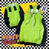 Anime Invader Cosplay Costume Coat Alien Zim Hoodies Jacket Hooded Zip Up Pullovers Sweatshirts with Ears Halloween
