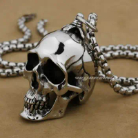 LINSION Huge Heavy 316L Stainless Steel Polished Skull Pendant Mens Biker Rock Punk Style AJ001 Steel Necklace 24inches