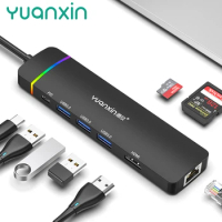YUANXIN USB C HUB 4K 60Hz Type C to HDMI 2.0 RJ45 PD 100W Adapter For Macbook Air Pro iPad Pro M2 M1 PC Accessories USB 3.0 HUB