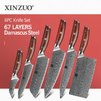 XINZUO Brand 6PCS Kitchen Knives Set VG10 Damascus Steel High Quality Damascus Knife Cooking Tool Kitchen Knives Rosewood Handle