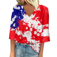 Women's Loose T-Shirt Seven Sleeve V-Neck Independence Day Print Casual Top y2k style Female clothing women's clothing sale