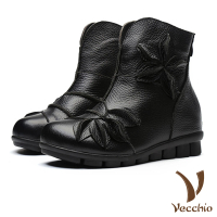 【Vecchio】真皮頭層牛皮立體葉片花朵厚底短靴(黑)