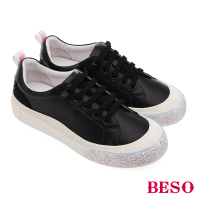 【A.S.O 阿瘦集團】BESO 柔軟牛皮綁帶直套閃亮燙鑽休閒鞋(黑色)