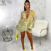 VAZN 2022 Top Quality Sexy Club See Through Lace Young Drawstring Style Deep V-Neck Full Sleeve Skinny Short Pencil Dress