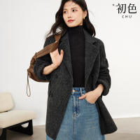 初色 韓版寬鬆雙面呢鈕扣雙排釦拼接口袋西裝領長袖大衣外套女外套-深灰色-38285(M-2XL可選)