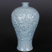 Light Blue Chinese Antique Porcelain Vase, Qing Carved Zodiac Pattern, Vintage Blue Ceramic Vase, Porcelain Floral Vase