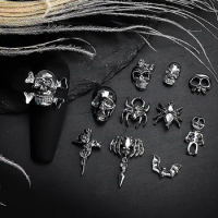 10PCS Vintage Halloween Nail Charms Dark Alloy Cute Spider Ghost Skull Head Design Manicure Jewelry 3D Gun Black Ornaments H161