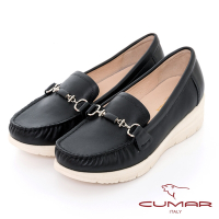 【CUMAR】輕量化厚底台真皮休閒鞋-黑