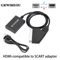GRWIBEOU HDMI-compatible To SCART Video Audio Converter Adapter for HD TV DVD for Sky Box STB Plug and Play Power Cable Upscale