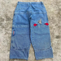 Big pocket boxing kangaroo print washed wide-leg jeans Y2K hip-hop street casual loose Harajuku personality denim men