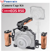 Powerwin Camera Cage For Canon EOS R50 with wooden Handle Kit Aluminum Alloy Multifunctional Arri Locating Screw