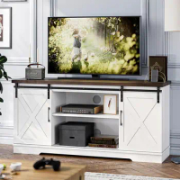 Farmhouse TV Stand, Entertainment Center for 65 Inch TV Media Console Cabinet, White Barn Doors TV Stand with Storage