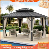 Outdoor Metal Gazebo Canopy,10x12 Galvanized Steel Double Roof Gazebo Pavilion with Aluminum Frame, with Nettings &amp; Curtains