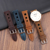 Genuine Leather Watch Strap Three holes Breathable Soft Watch Band 18mm 20mm 22mm 21mm Handmade Universal Watch Belt Brown Blue