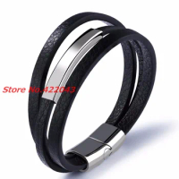 Fashion Stainless Steel Bangle Men's Leather Cord Bracelet&amp;Bangle Black or Brown Leather Bracelet For Men Wristband Rope Jewelry
