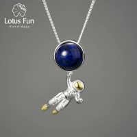 Lotus Fun Natural Lapis Lazuli Stone Space Odyssey จี้เงินแท้925โซ่และสร้อยคอผู้หญิงผู้ชายเครื่องประดับ