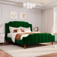 Queen Size Velvet Bed Frame Upholstered Platform Bed Solid Wood Leg and Strong Slats SupportGreen