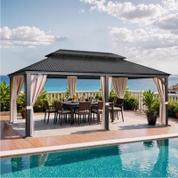 Outdoor Hardtop Gazebo Polycarbonate/Galvanized Steel Metal Gazebo Aluminum Frame Double Roof Outdoor with Nettings and Curtains