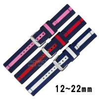 【Watchband】各品牌通用時尚指標休閒尼龍帆布錶帶(藍白/藍紅/藍粉)