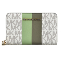 MK MICHAEL KORS 金屬LOGO緹花條紋設計PVC拉鏈零錢包(香草白x淺綠x墨綠)