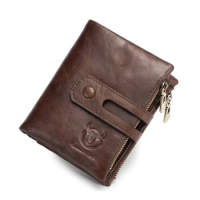 Genuine Leather Men's Wallet Tri-bifold Purse Hasp Design Small Mens s Zipper Coin Pocket Functional s