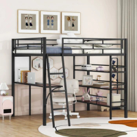 Full Size Loft Metal Bed with 3 Layers of Shelves and Desk, Stylish Metal Frame Bed with Whiteboard, Easy Assembly,Black