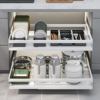 拉籃廚房櫥櫃免安裝可伸縮雙層抽屜式碗碟架調味籃廚櫃內置收納籃 全館免運