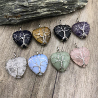 Tree Of Life Wire Wrap Heart Shape Natural Rose Quartzs Crystal Opal Tiger Eye Gems Stone Necklace Pendant MY220858