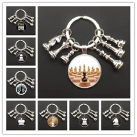New/Chess Keychain Chess Board Pieces Glass Dome Pendant Car Keychain Ring Chess Lover Gift High Quality Keychain