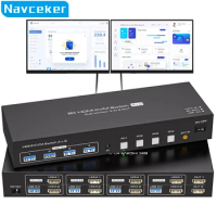 Navceker 8K HDMI KVM Switch 2 Monitors 4 Computers 4K 144Hz Dual Display 4x2 USB 3.0 KVM Switch for 4 PC Share Keyboard Mouse