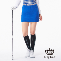 【KING GOLF】假兩件剪裁腰部織帶拼接運動短裙-藍色