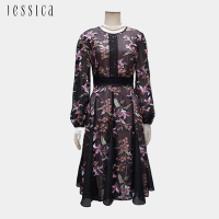 JESSICA - 花卉刺繡蕾絲收腰透膚長袖洋裝23327P