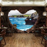 空間延伸背景墻紙大自然風景3D立體山洞海景壁紙餐廳網紅直播墻布