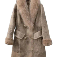 Rabbit Fur Coat for Women's 2023 Winter New Mid length Original Fashionable Fox Fur Collar Real Leather Fur Integrated Coat
