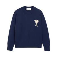 AMI Paris Ami De Coeur Wool and Cotton Crewneck Sweater Ink/Off White S Blue