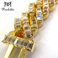 Kuololit Emerald Cut Moissanite Cuban Chains Bracelet Solid 925 Sterling Silver Luxury Hip Hop Charm for Engagement Fine Jewelry