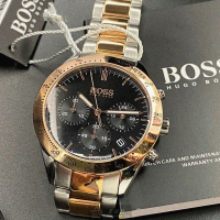 【BOSS】BOSS手錶型號HB1513584(黑色錶面玫瑰金錶殼金銀相間精鋼錶帶款)
