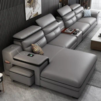 Leather Sectional Sofa Set with Cup Holder, USB, Adjustable Headrests &amp; Bluetooth Speaker Living Room Couch with Stool