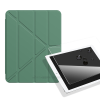 氣囊防摔 iPad 2018/iPad Air/Air2/Pro 9.7吋 Y折三角立架皮套 含筆槽(暗夜綠)+9H玻璃貼(合購價)