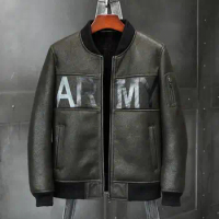 Mens ArmyGreen Shearling Coat Sheepskin Leather Overcoat Motorcycle B3 Flight Jacket Baseball Uniform