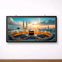 Hiasan dinding lukisan cetak gambar Kabah Mekah plus bingkai ukuran 100×50cm
