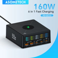 160W 5 Port USB Charger Staion with 15W Wireless Charging Fast Charger USB-C PD 65W Quick Charger for IPhone14 13 Samsung Laptop