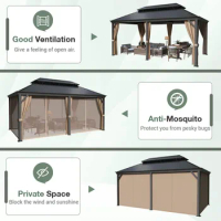 12'x20' Hardtop Metal Gazebo, Outdoor Galvanized Steel Double Roof Canopy, Aluminum Frame with Netting and Curtains